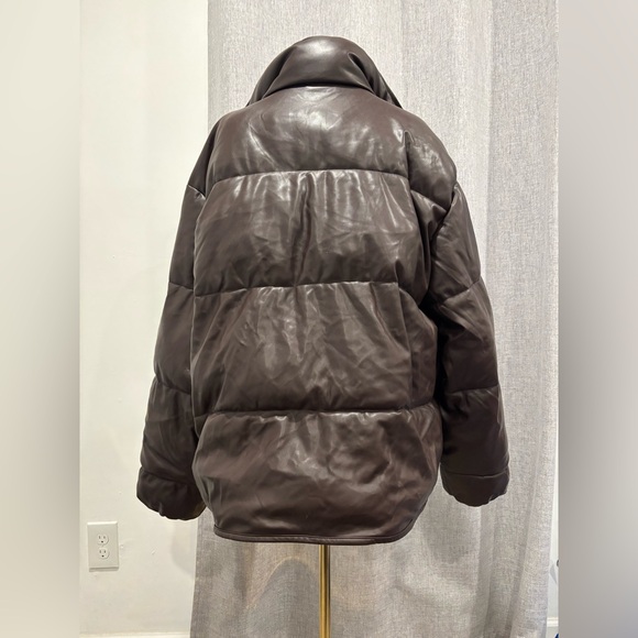 Zara Blogger Chocolate Brown Faux Leather Puffer Jacket Size L - Picture 5 of 17